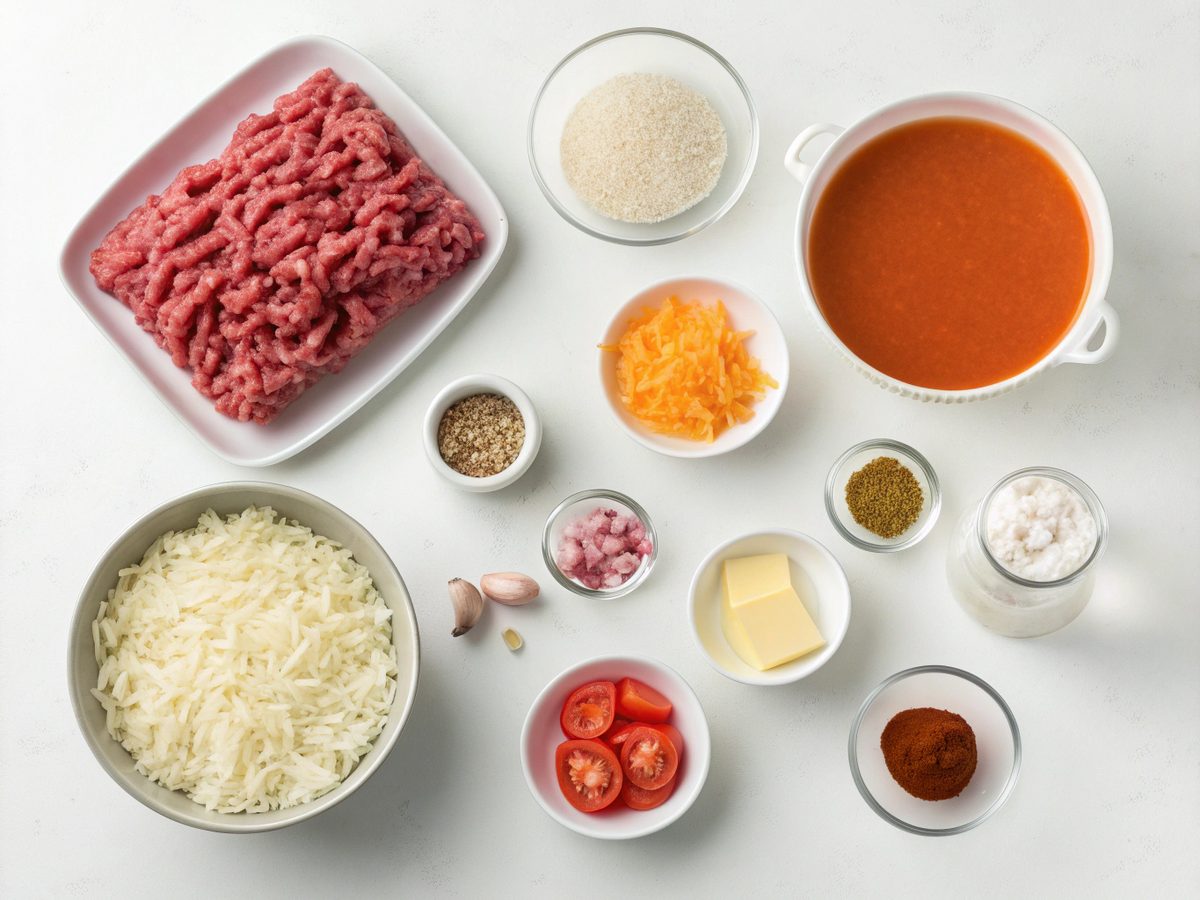 A flat lay of ingredients for a cheesy hamburger rice casserole including beef, cheese, rice, and vegetables.