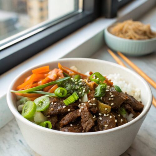 Featured image of Korean beef bowl recipe served in a bowl.