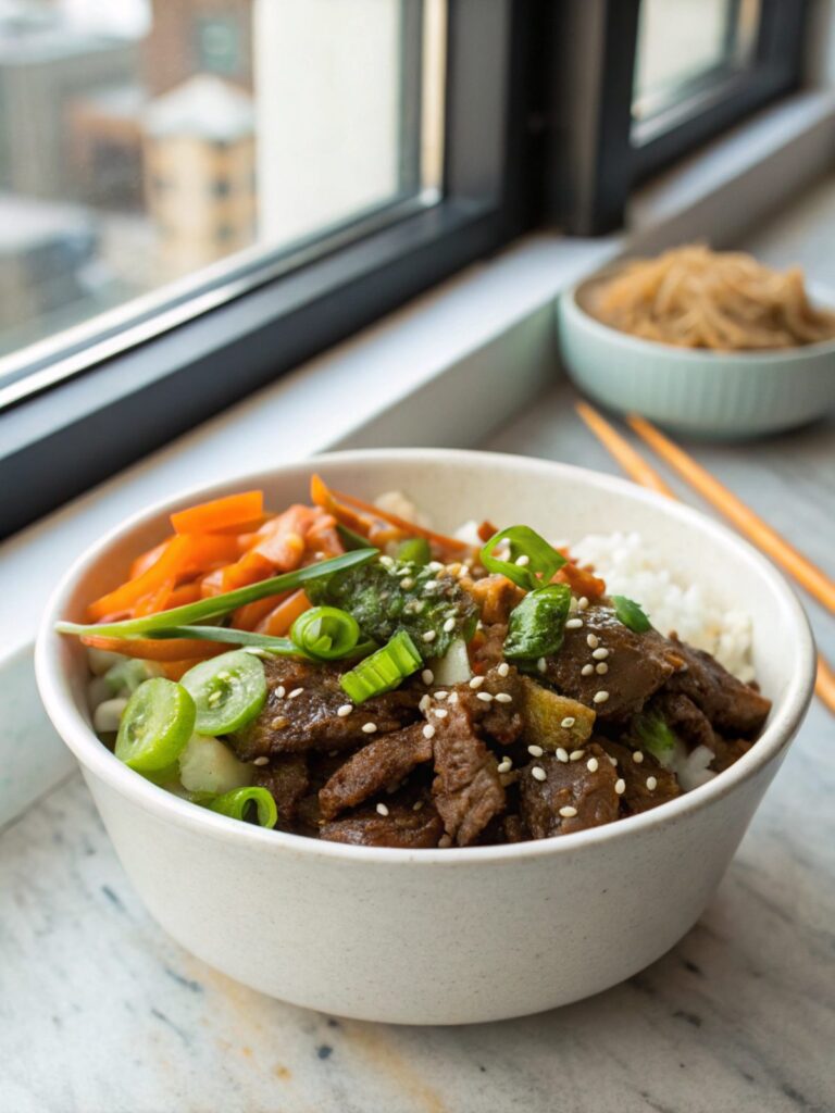 Featured image of Korean beef bowl recipe served in a bowl.