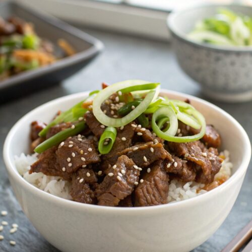 Close-up image of Korean Beef Bulgogi served on a plate.