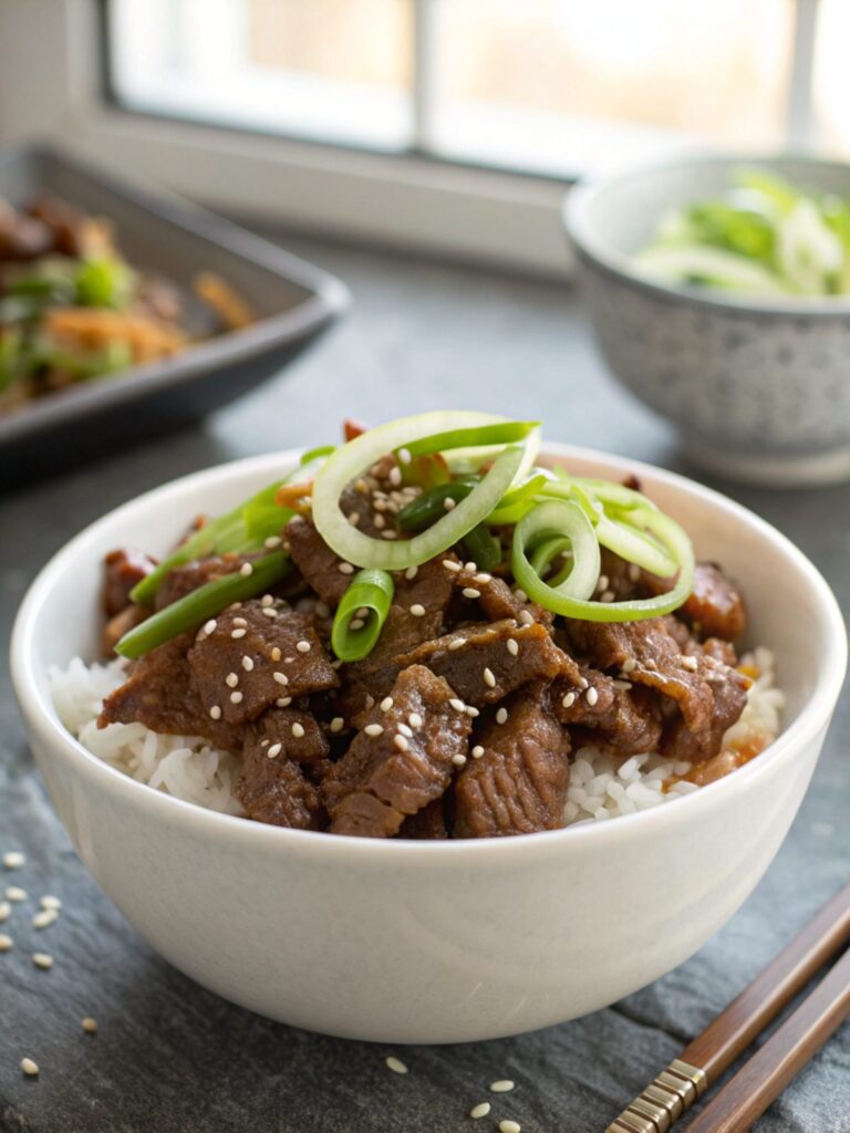 Close-up image of Korean Beef Bulgogi served on a plate.