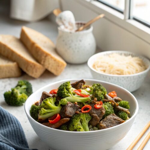 Featured image of beef broccoli stir fry recipe served in a bowl.