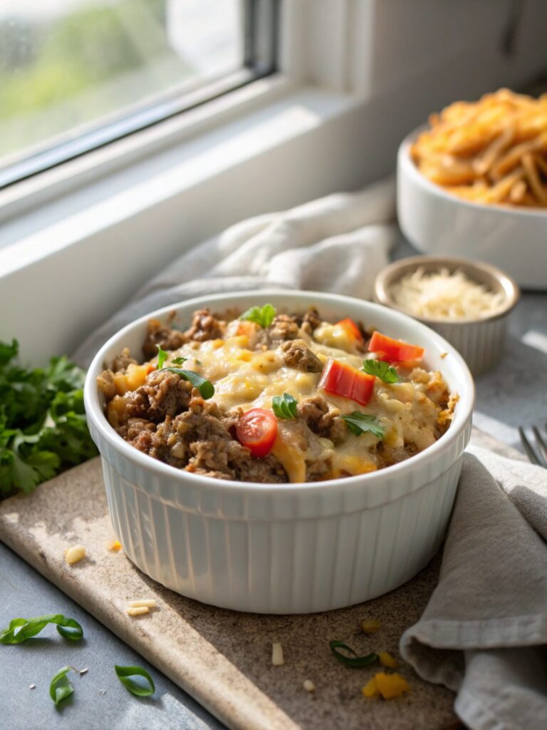 Featured image of the Cheesy Ground Beef Rice Casserole, highlighting its delicious layers.