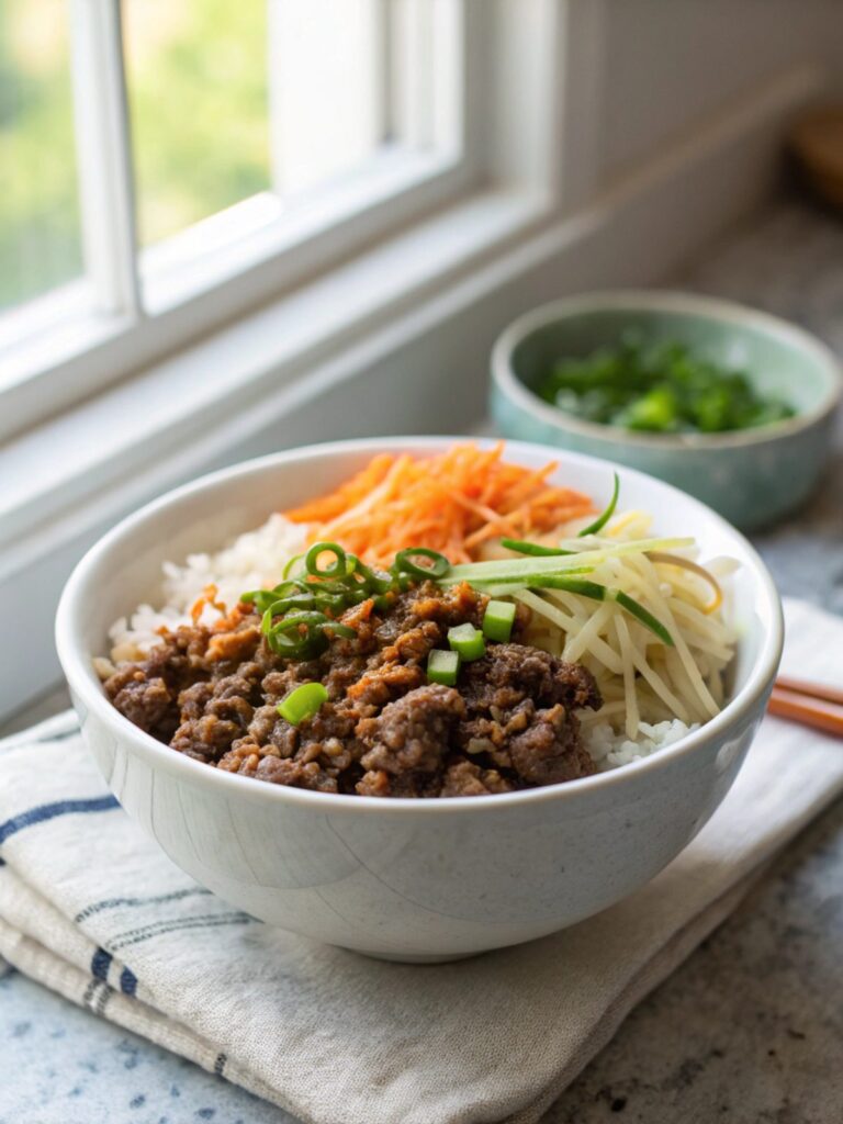 Hero image showcasing the vibrant and delicious Korean Ground Beef Bowl topped with sesame seeds and served in a clean bowl.