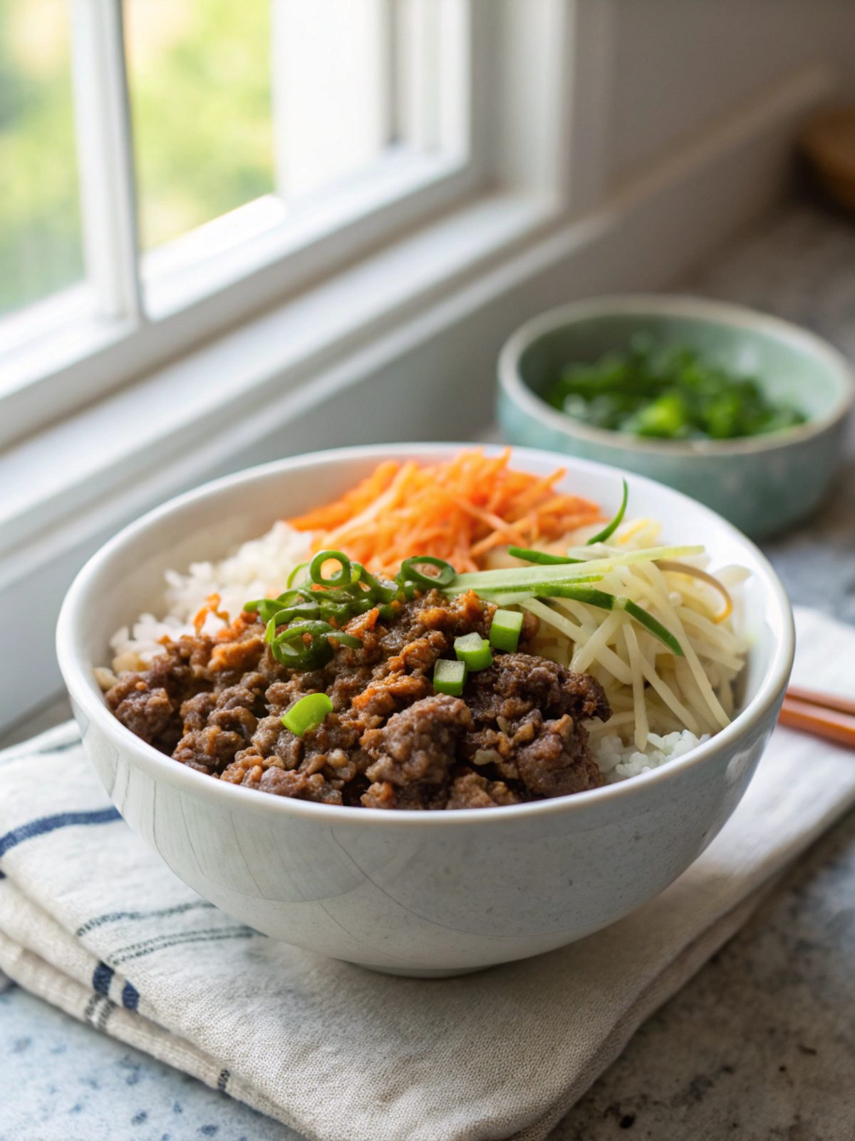 Hero image showcasing the vibrant and delicious Korean Ground Beef Bowl topped with sesame seeds and served in a clean bowl.