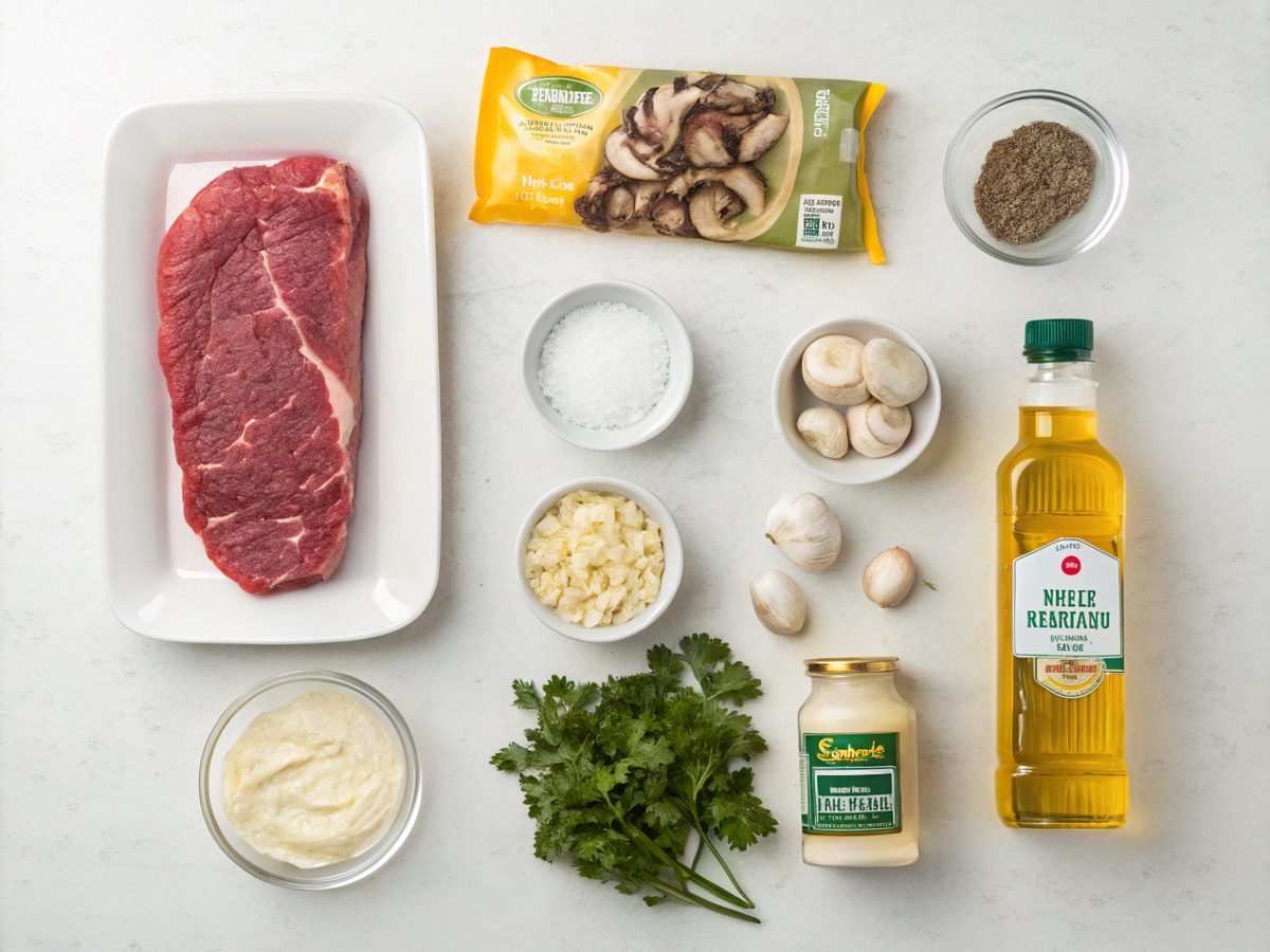 Ingredients for Dutch Oven Beef Stroganoff laid out on a kitchen counter