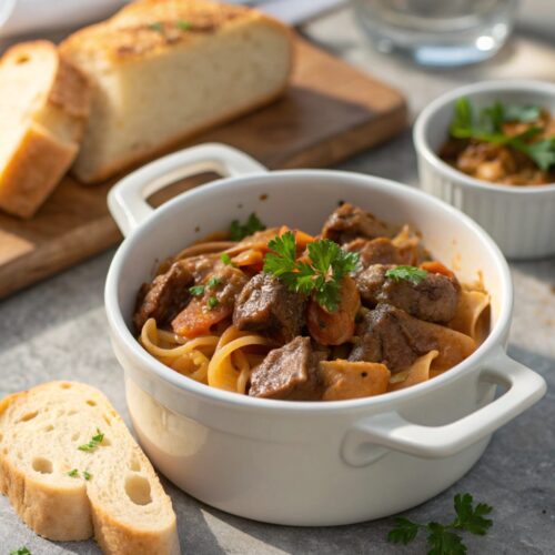 A beautifully presented Dutch Oven Beef Stroganoff in a white ceramic bowl, garnished with fresh parsley.