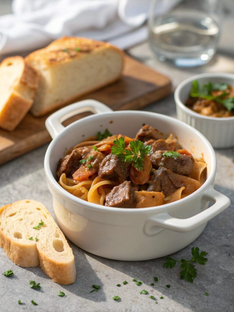 A beautifully presented Dutch Oven Beef Stroganoff in a white ceramic bowl, garnished with fresh parsley.