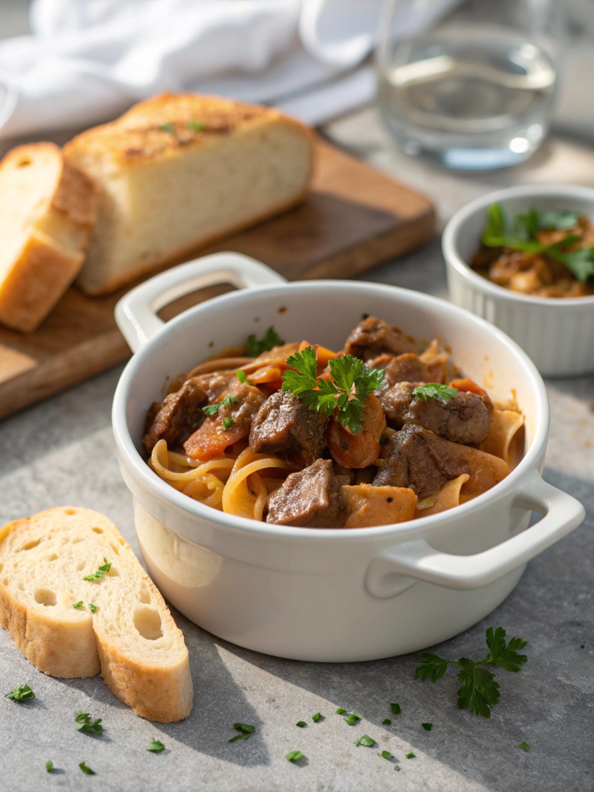 A beautifully presented Dutch Oven Beef Stroganoff in a white ceramic bowl, garnished with fresh parsley.