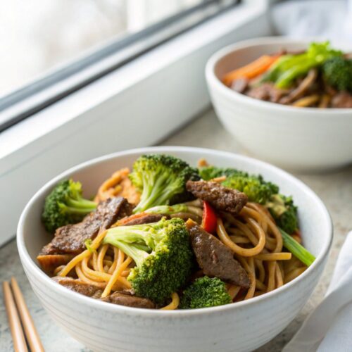 A delightful serving of Beef Broccoli Lo Mein Recipe