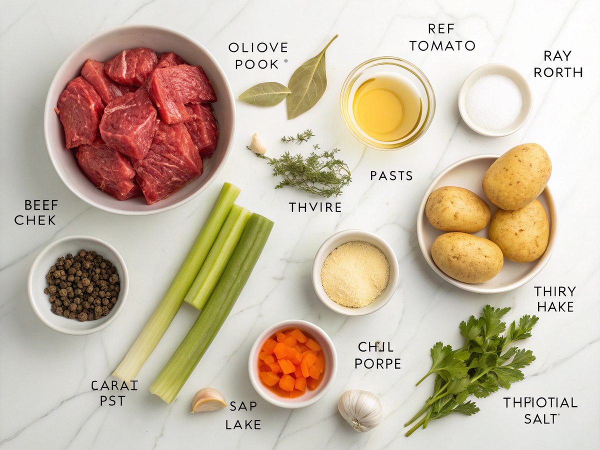 Flat lay of ingredients for an easy beef stew recipe, including beef, vegetables, and spices