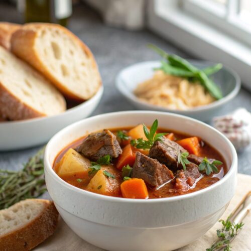 Delicious easy beef stew in a bowl, showcasing tender beef and hearty vegetables