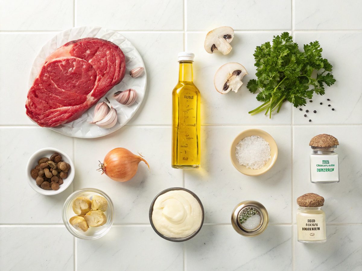 Ingredients for making easy beef stroganoff recipe displayed neatly on a kitchen counter.
