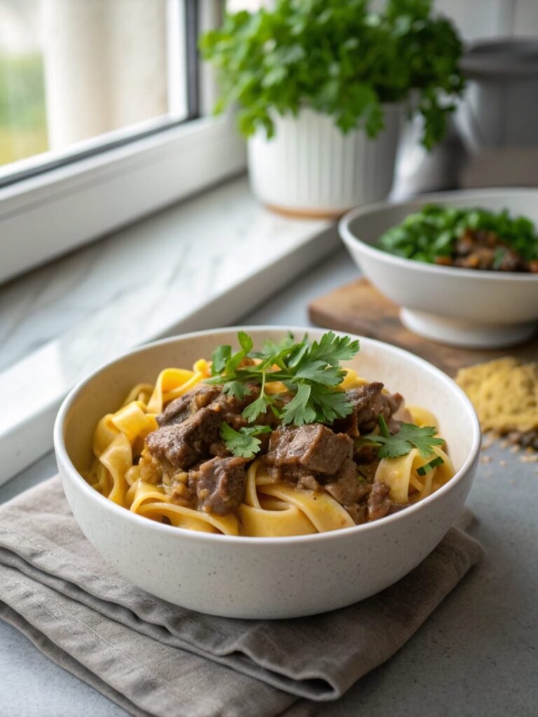 A serving of easy beef stroganoff garnished with parsley on a white plate.