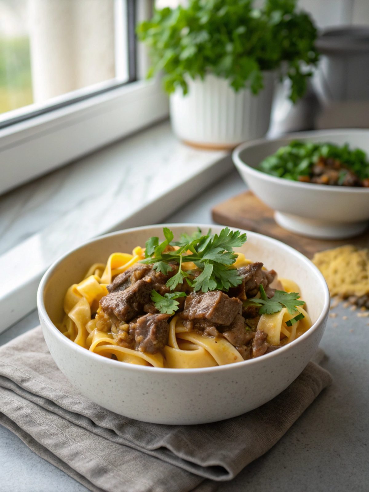 A serving of easy beef stroganoff garnished with parsley on a white plate.