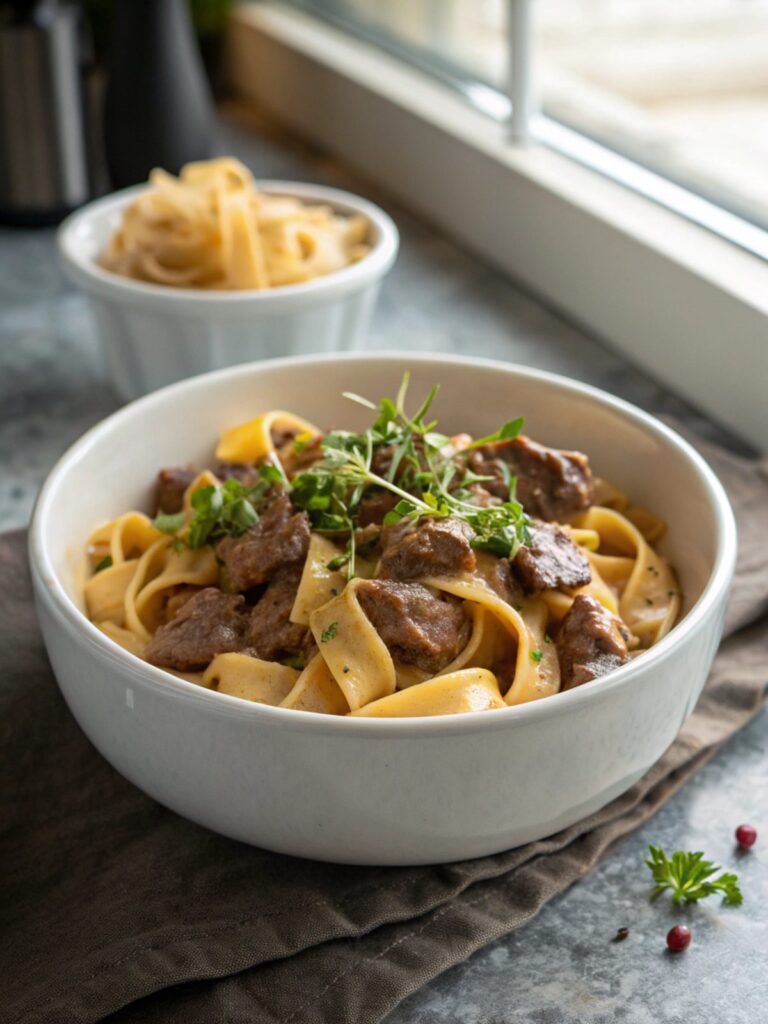 Featured image of easy beef stroganoff recipe, beautifully served in a bowl.