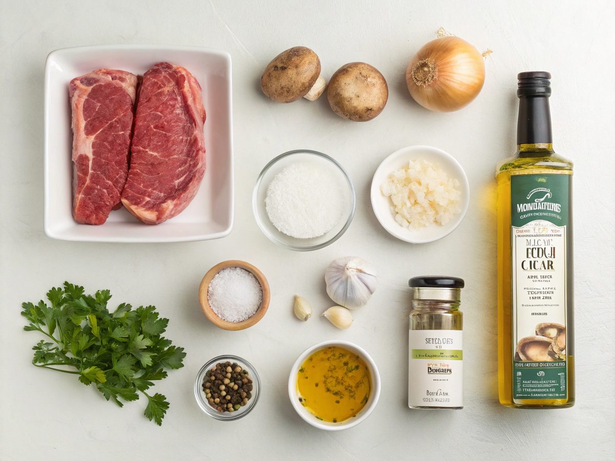 Ingredients for easy beef stroganoff recipe laid out.