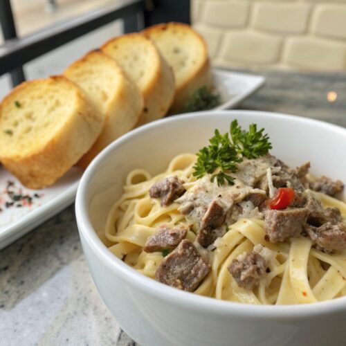 Deliciously presented creamy beef pasta with vibrant garnish.