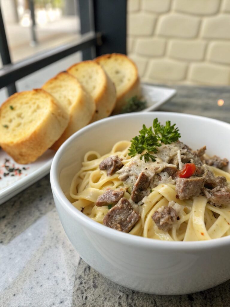 Deliciously presented creamy beef pasta with vibrant garnish.