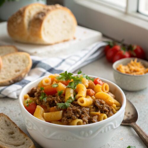 Featured image of a deliciously prepared ground beef hamburger helper.