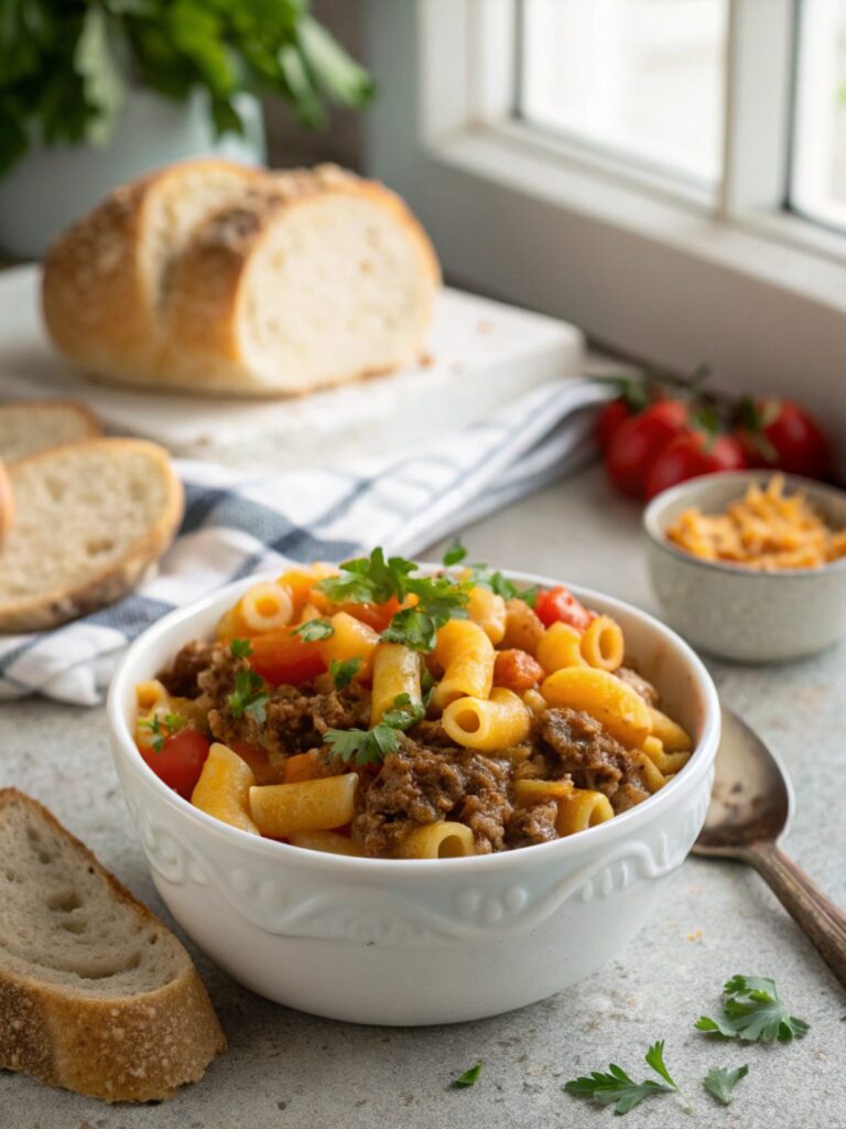Featured image of a deliciously prepared ground beef hamburger helper.