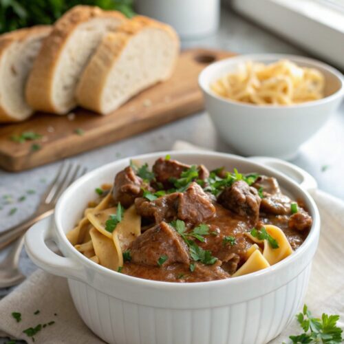 A delightful serving of crockpot beef stroganoff in a traditional white bowl.