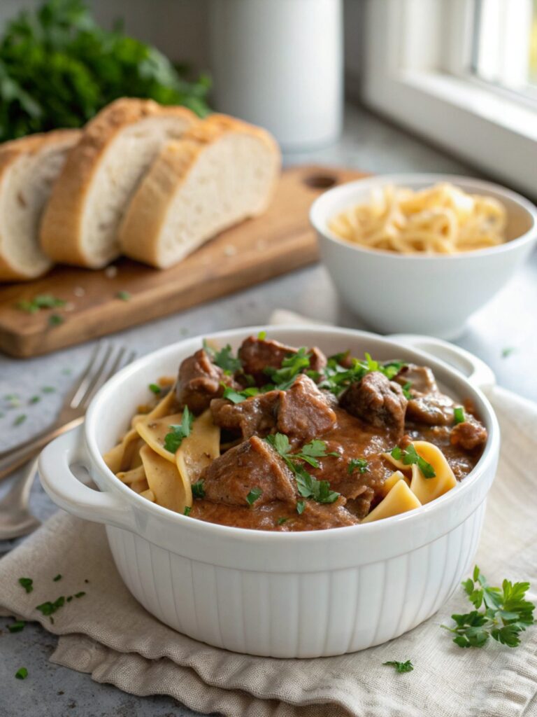 A delightful serving of crockpot beef stroganoff in a traditional white bowl.