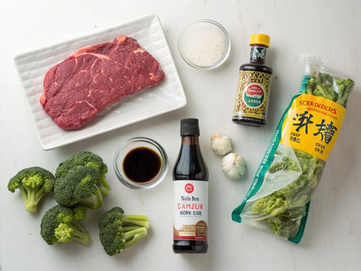 Ingredients for beef broccoli stir fry neatly arranged on a countertop.
