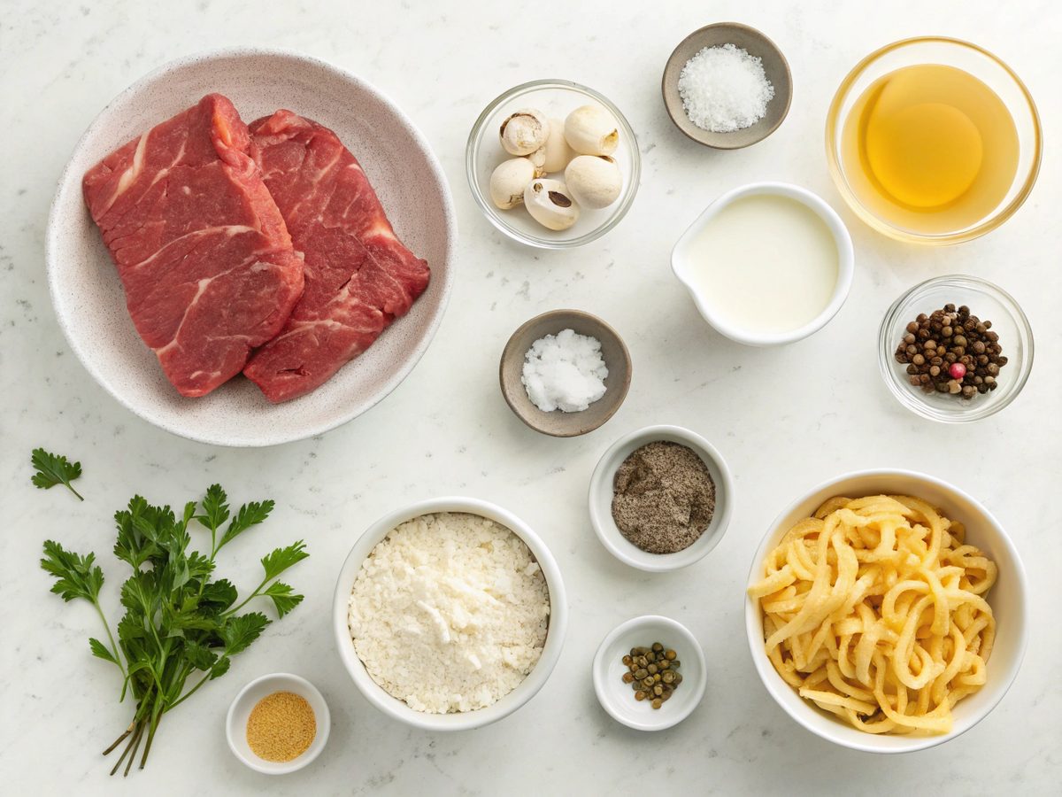 Ingredients needed for the classic beef stroganoff recipe, displayed on a kitchen counter.
