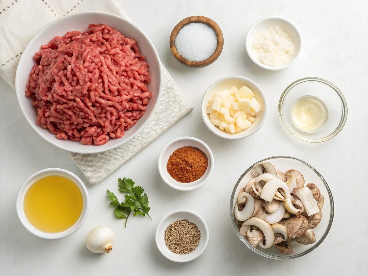 A flat lay of vibrant, fresh ingredients for ground beef stroganoff recipe on a kitchen counter.