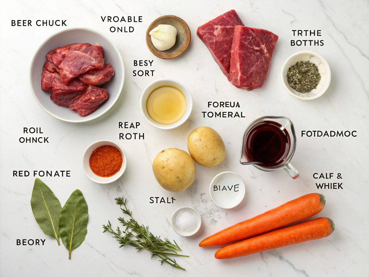 Ingredients for preparing a hearty beef stew recipe including beef chuck, carrots, and more.
