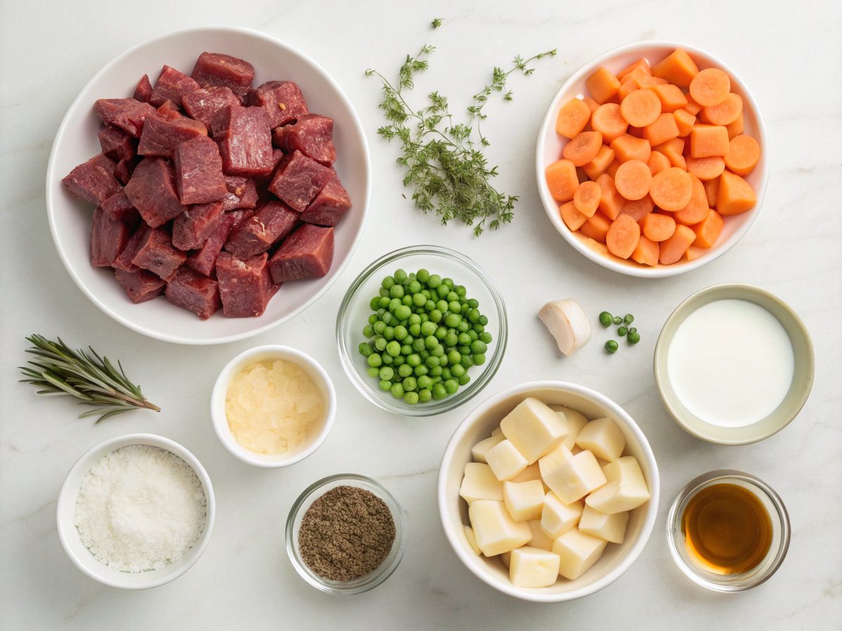 Ingredients layout featuring beef stew components for Slow Cooker Beef Stew Dumplings