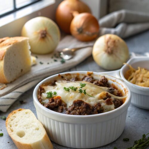 A hero image of French Onion Ground Beef Casserole in a serving bowl, showcasing its cheesy top and savory beef base