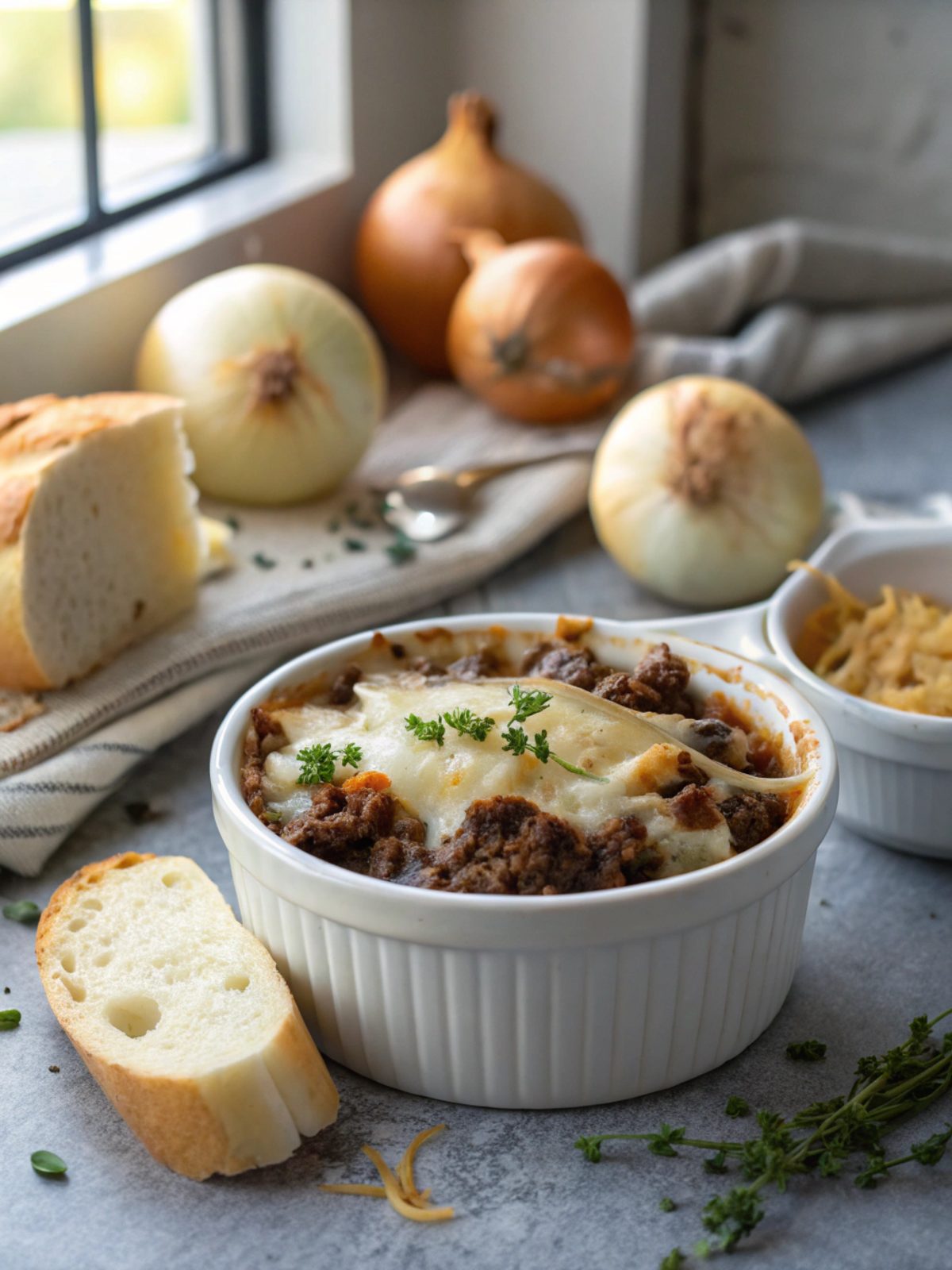 A hero image of French Onion Ground Beef Casserole in a serving bowl, showcasing its cheesy top and savory beef base