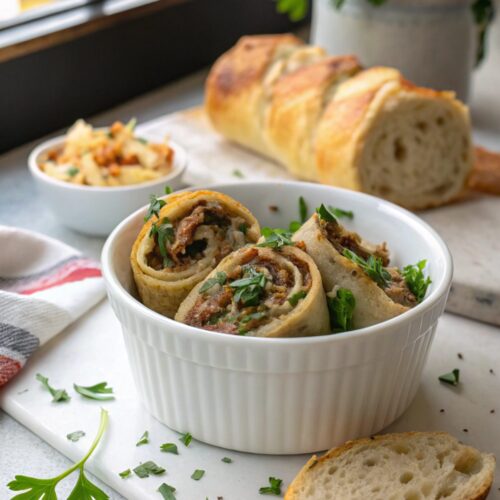 Beautifully arranged Garlic Butter Beef Rollups served on a white plate