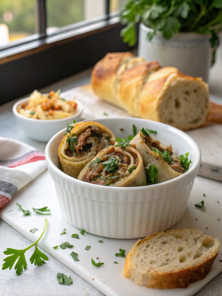 Beautifully arranged Garlic Butter Beef Rollups served on a white plate