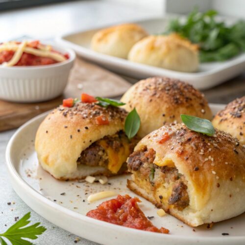 Garlic Parmesan Cheeseburger Bombs served on a white ceramic plate