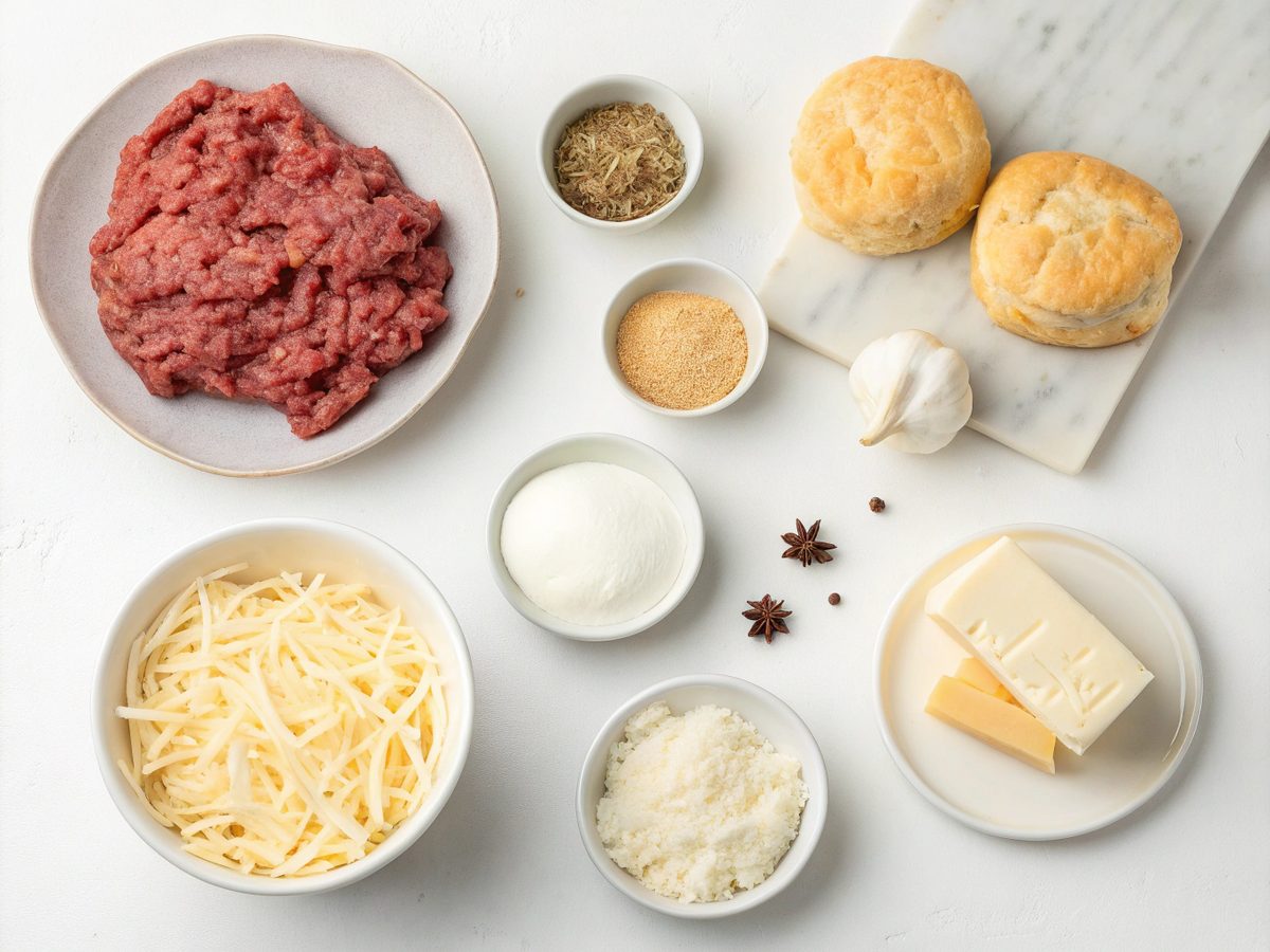 Ingredients laid out for making garlic parmesan cheeseburger bombs