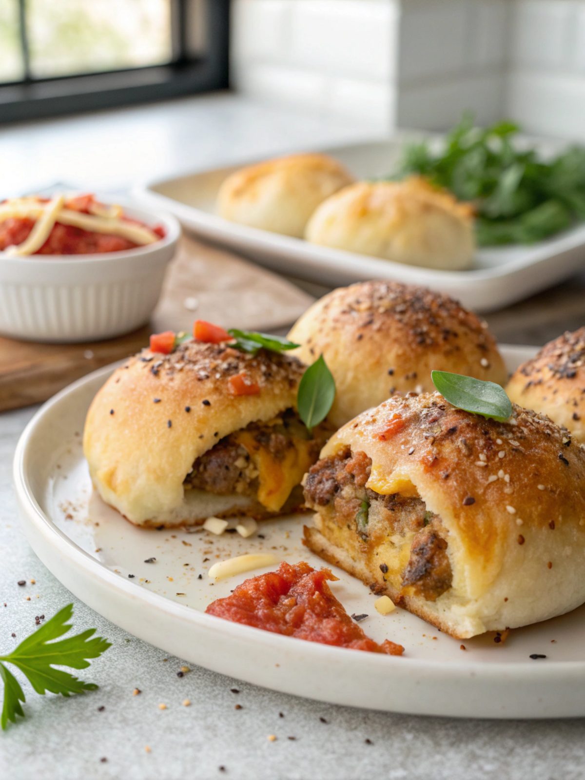 Garlic Parmesan Cheeseburger Bombs served on a white ceramic plate