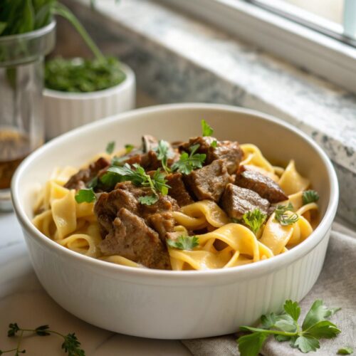 Hero shot of Gordon Ramsay Beef Stroganoff served elegantly