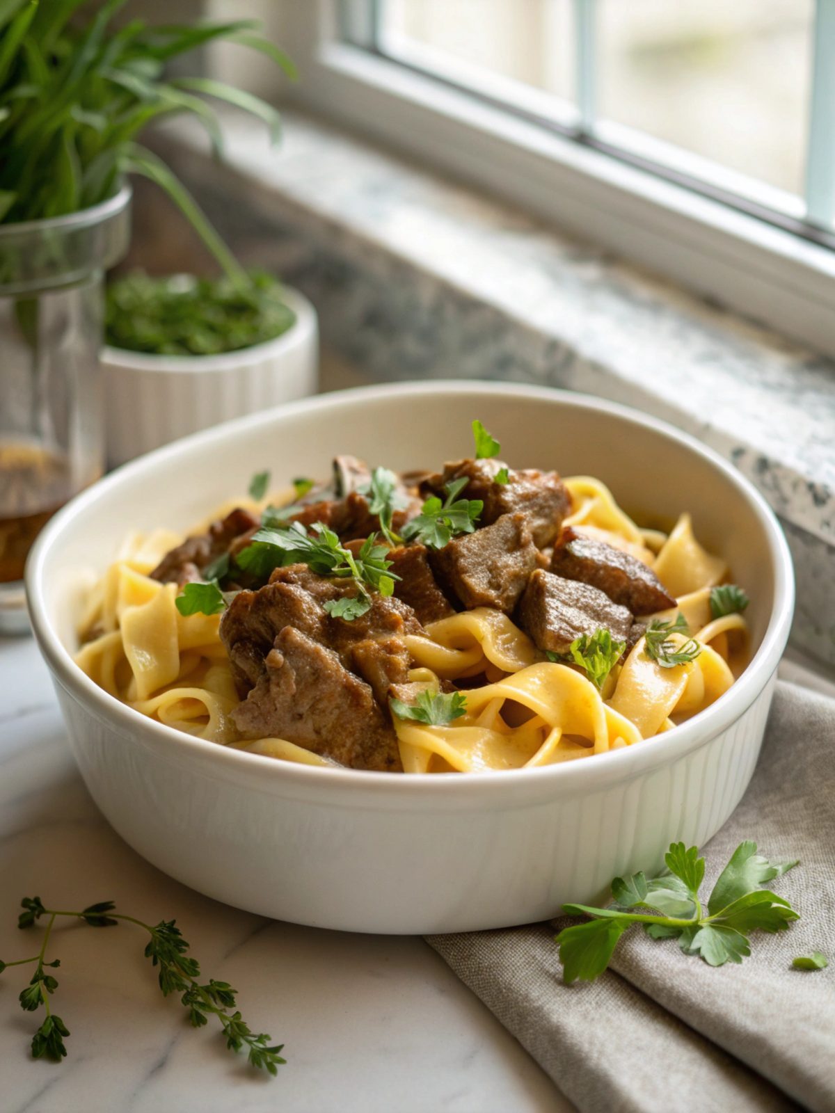 Hero shot of Gordon Ramsay Beef Stroganoff served elegantly