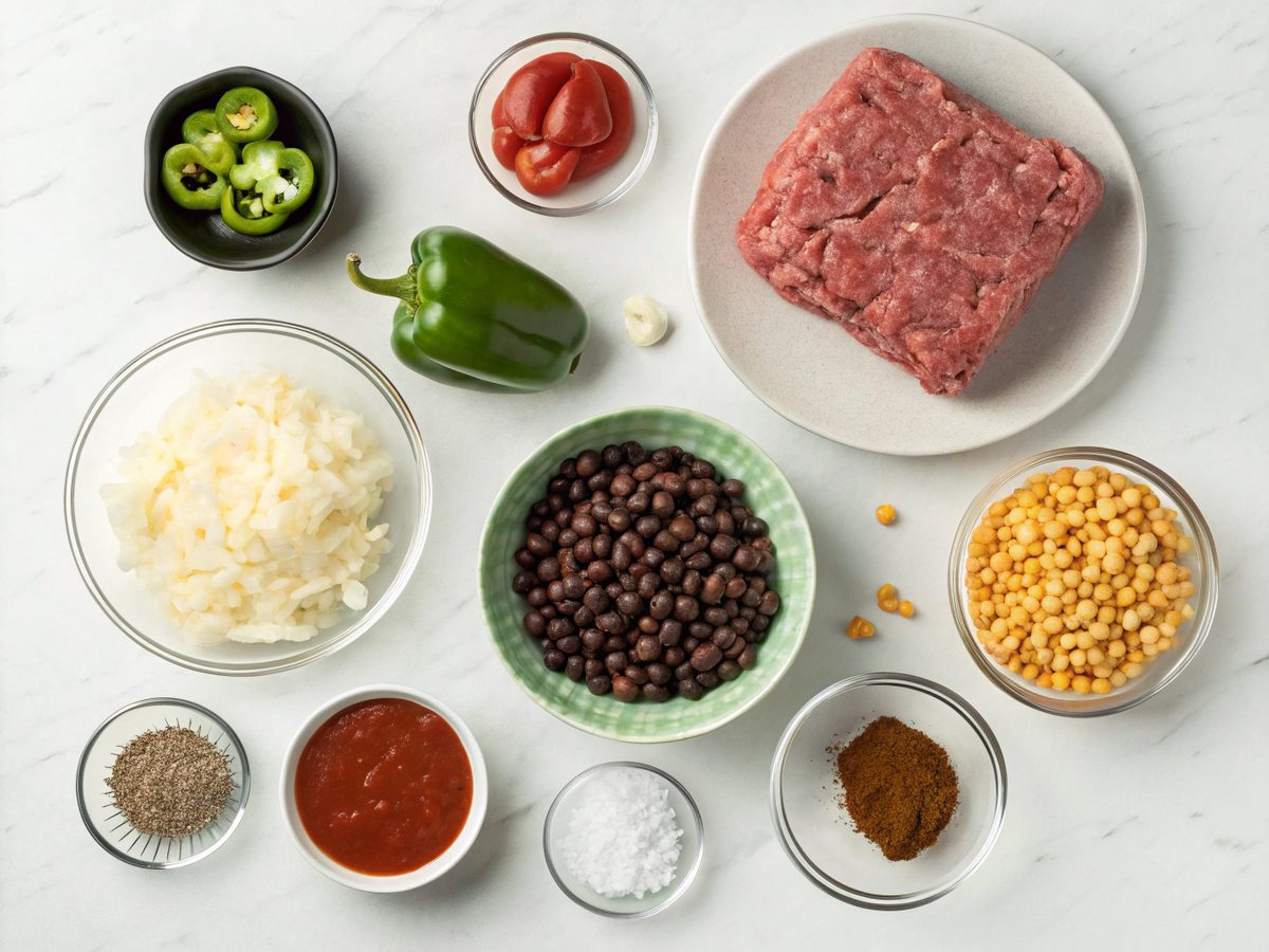 Ingredients for making ground beef enchilada soup including beef, vegetables, and spices.