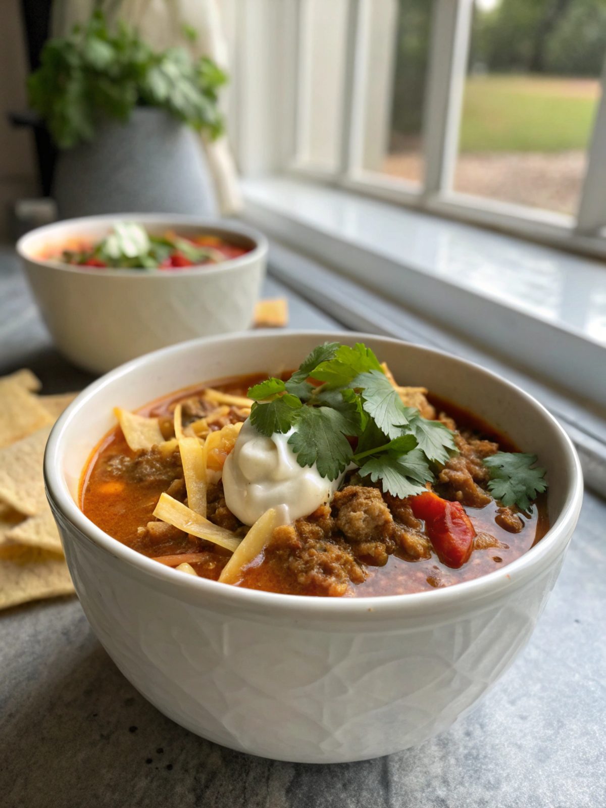 A bowl of delicious ground beef enchilada soup garnished to perfection