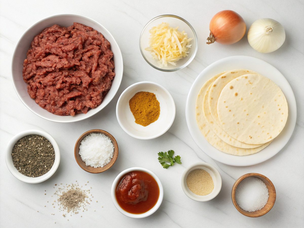 Ingredients for making ground beef enchiladas laid out on a kitchen counter.