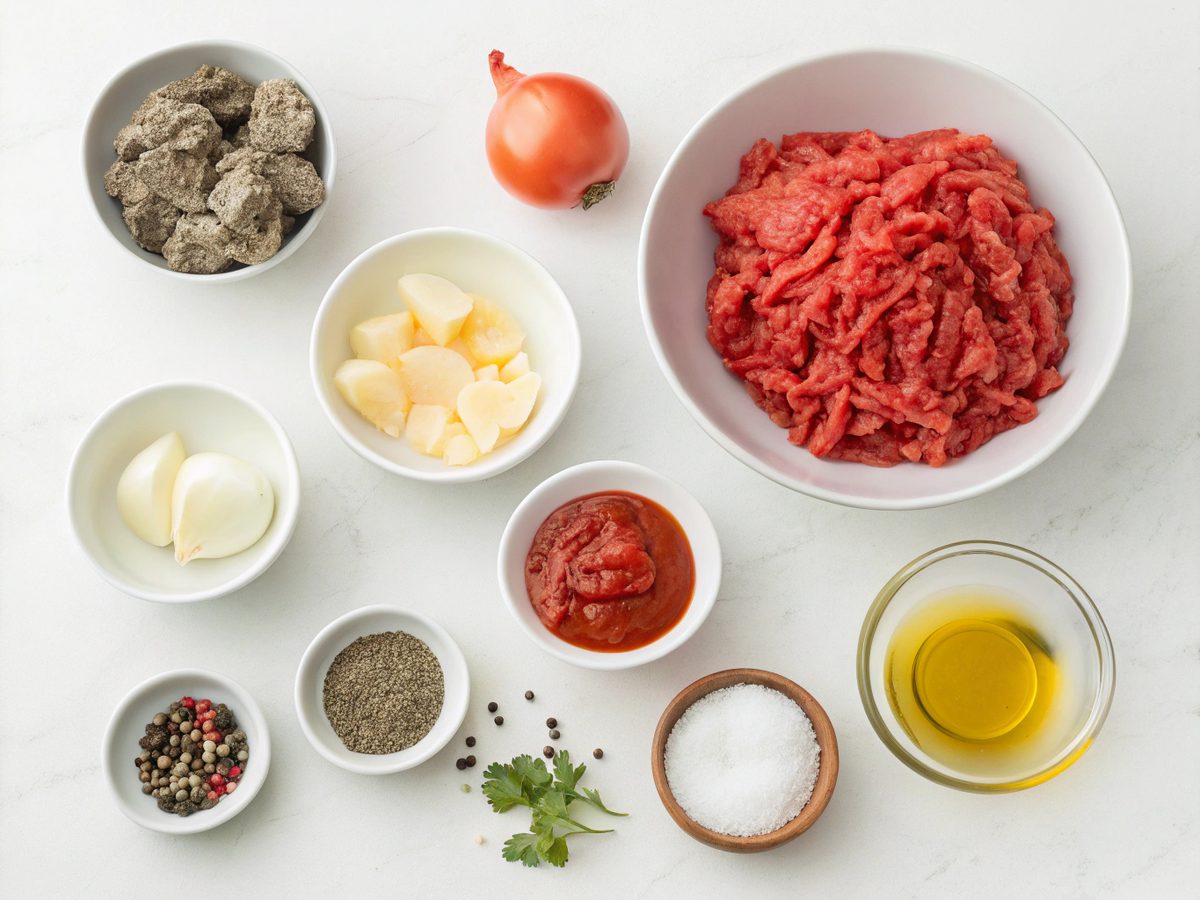A visual of ingredients for an easy delicious ground beef recipe.