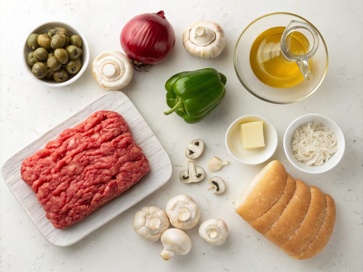 Ingredients for making ground beef Philly cheesesteak