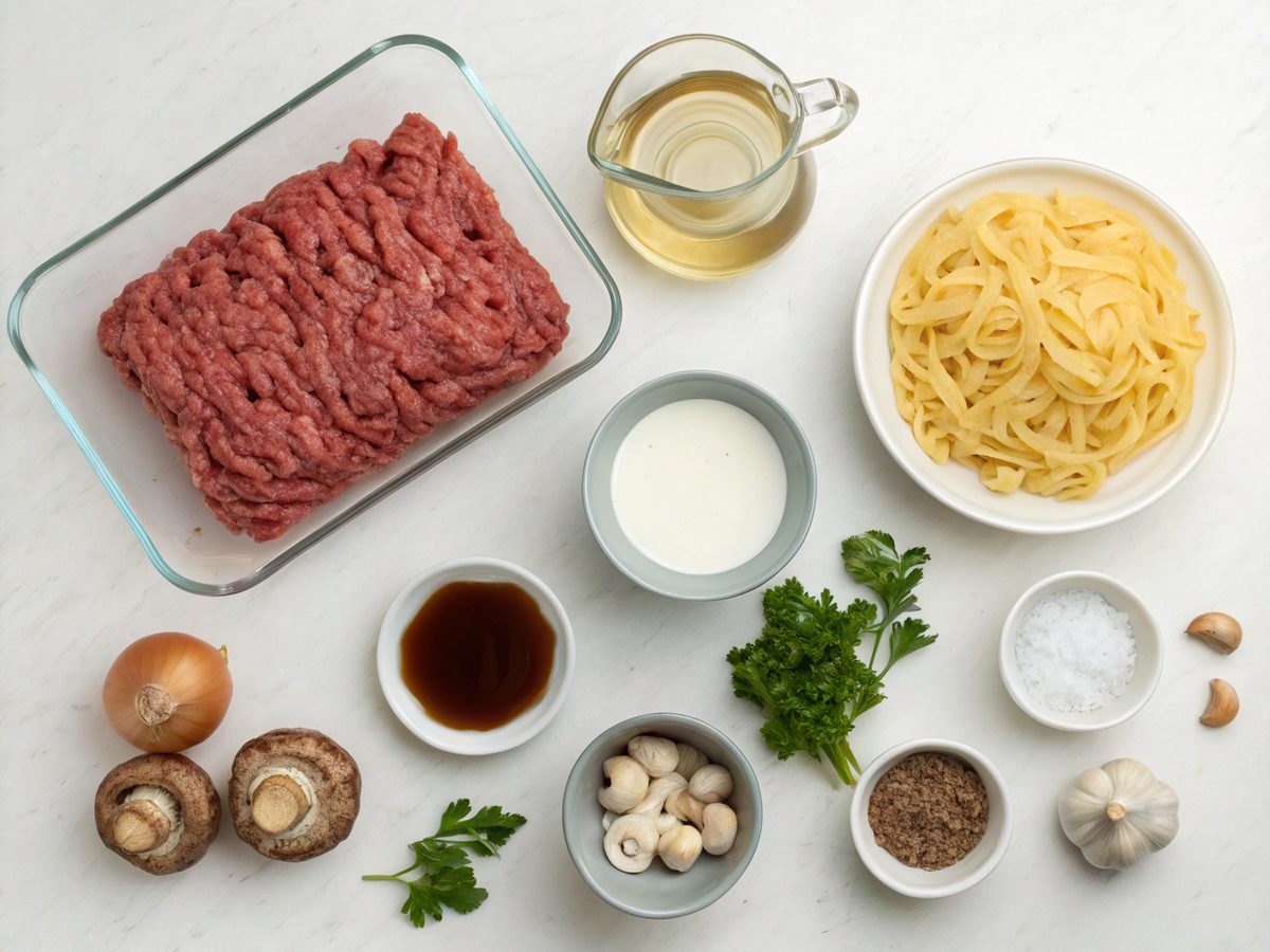 Ingredients for making ground beef stroganoff recipe