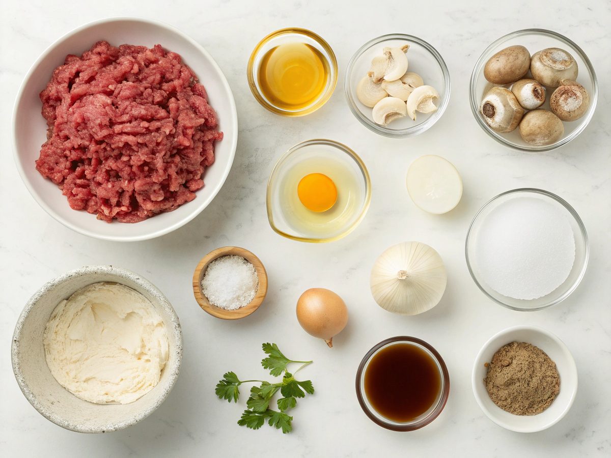 Flat lay of ingredients for ground beef stroganoff recipe, including beef, mushrooms, and onions.