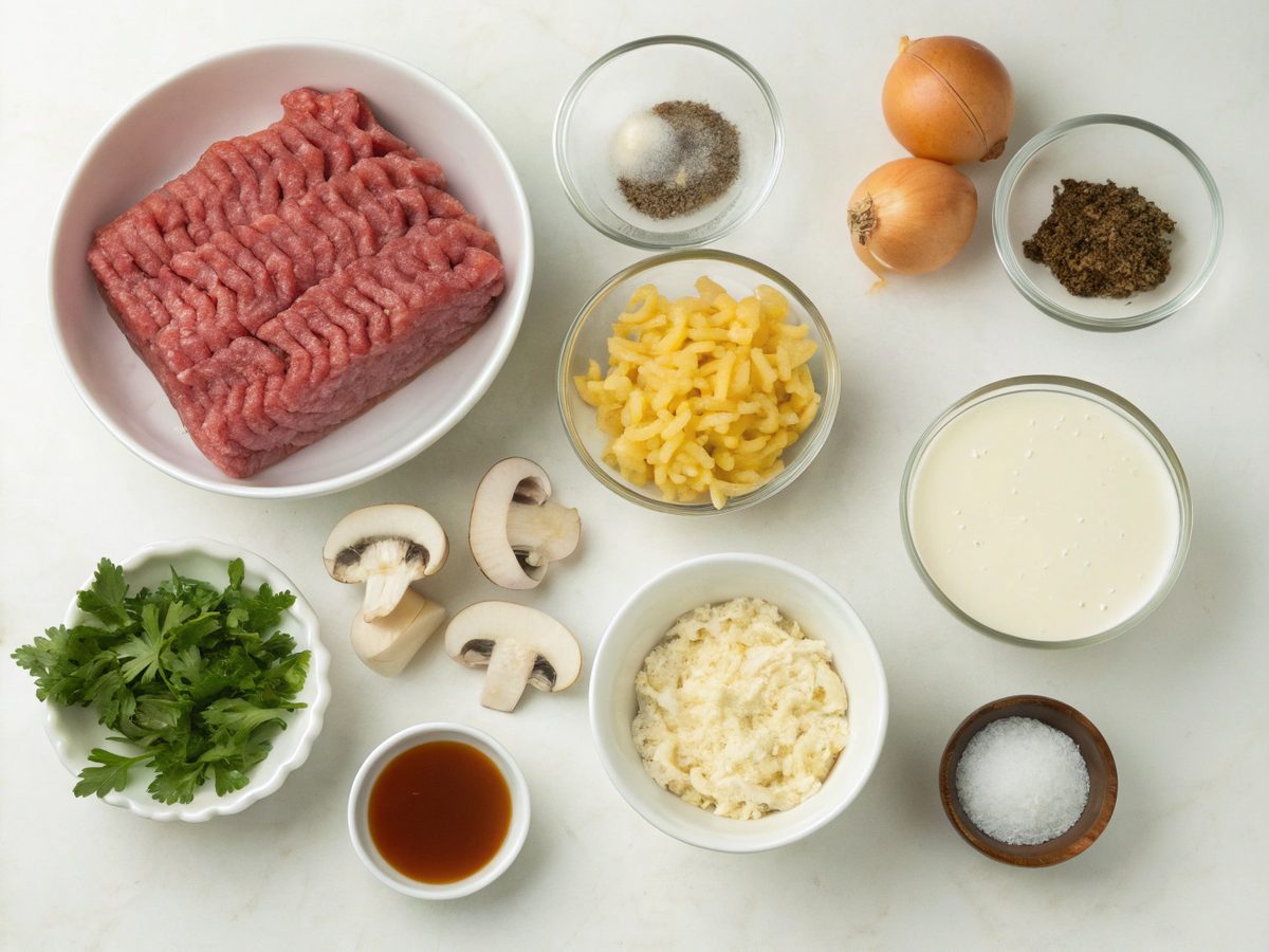 Ingredients for Ground Beef Stroganoff arranged on a kitchen counter
