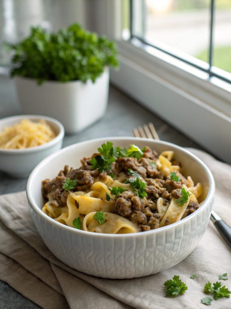 Ground Beef Stroganoff served in a white bowl with a parsley garnish